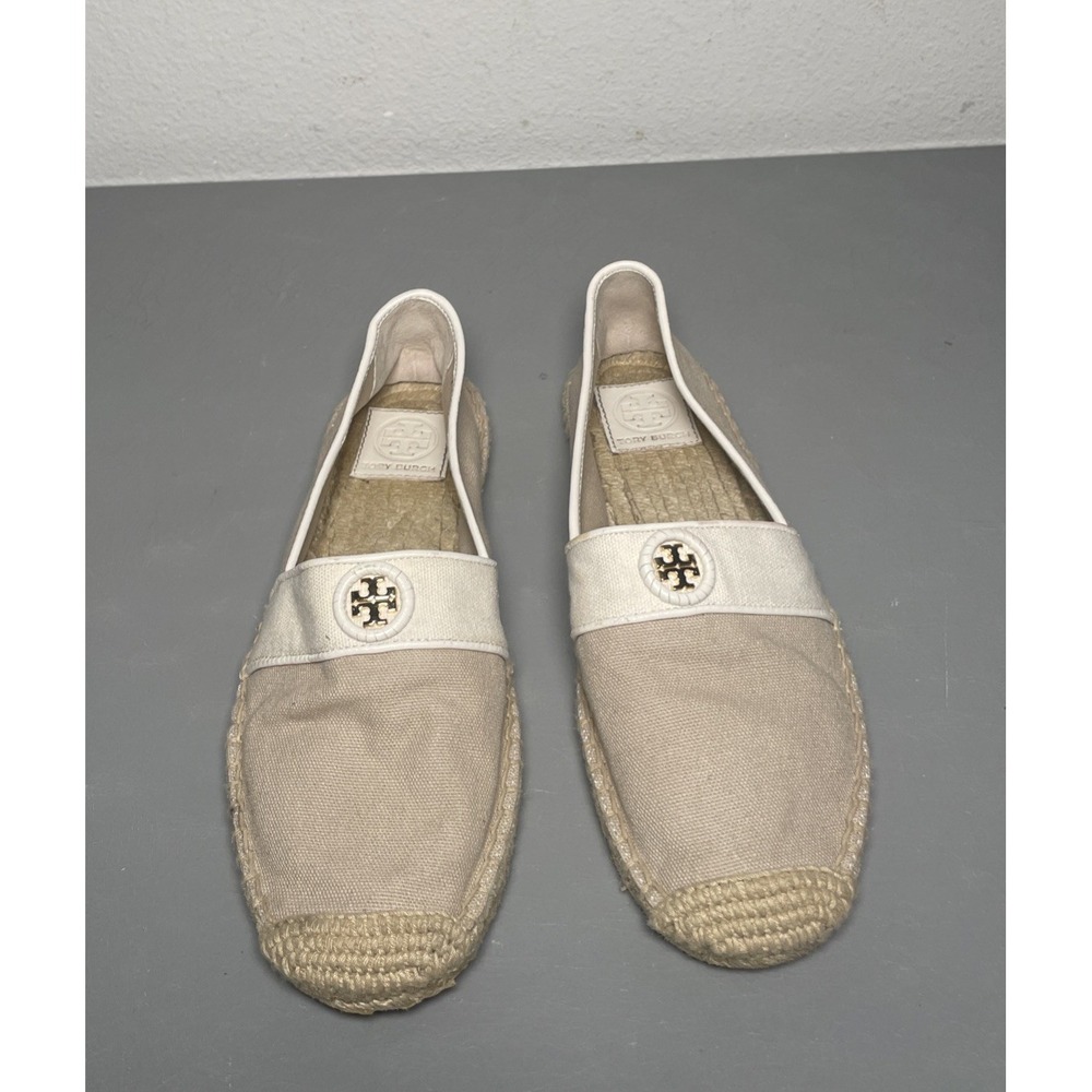 Tory Burch Canvas Gold Tone Logo Espadrille Flat Shoes Women Size 8